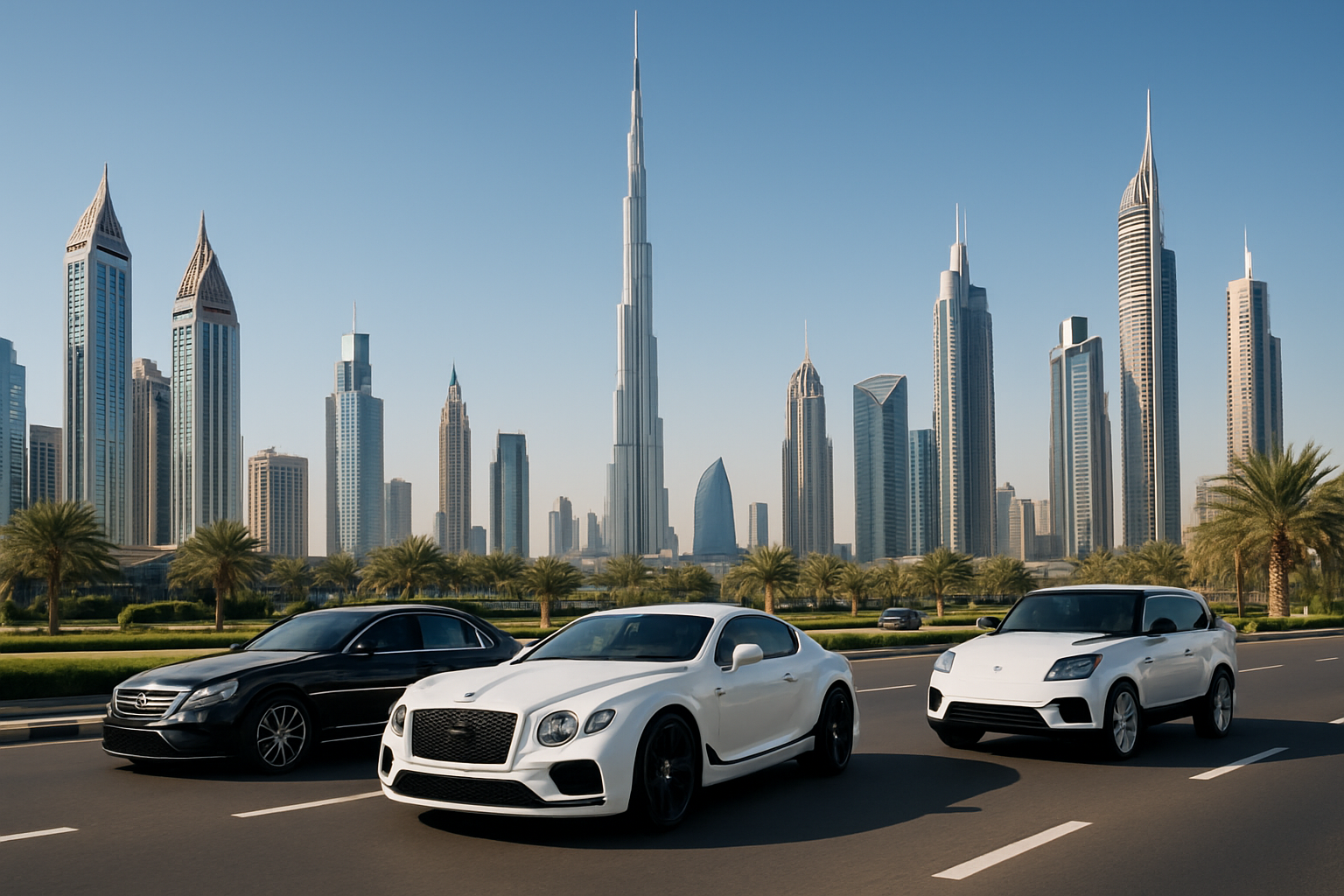 Luxury Dubai cityscape with modern cars on the road