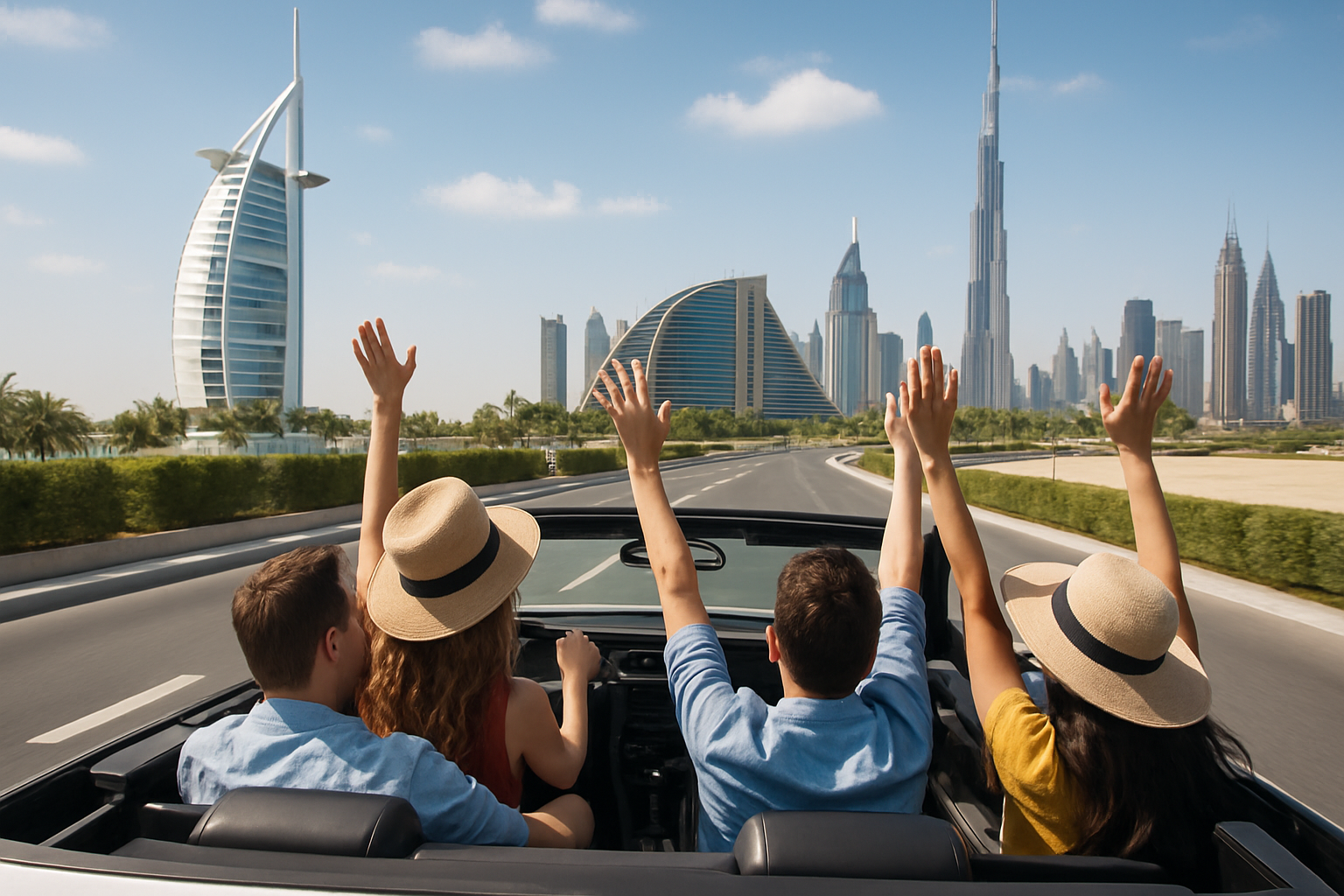 Tourists enjoying a scenic drive through Dubai’s iconic landmarks